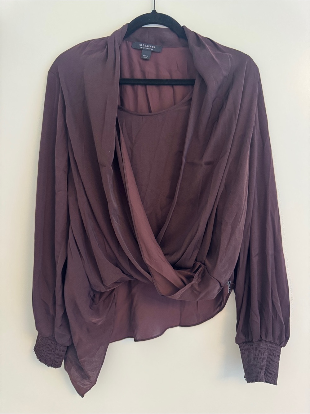 All Saints Brown / Burgundy Draped Silk-Blend Blouse